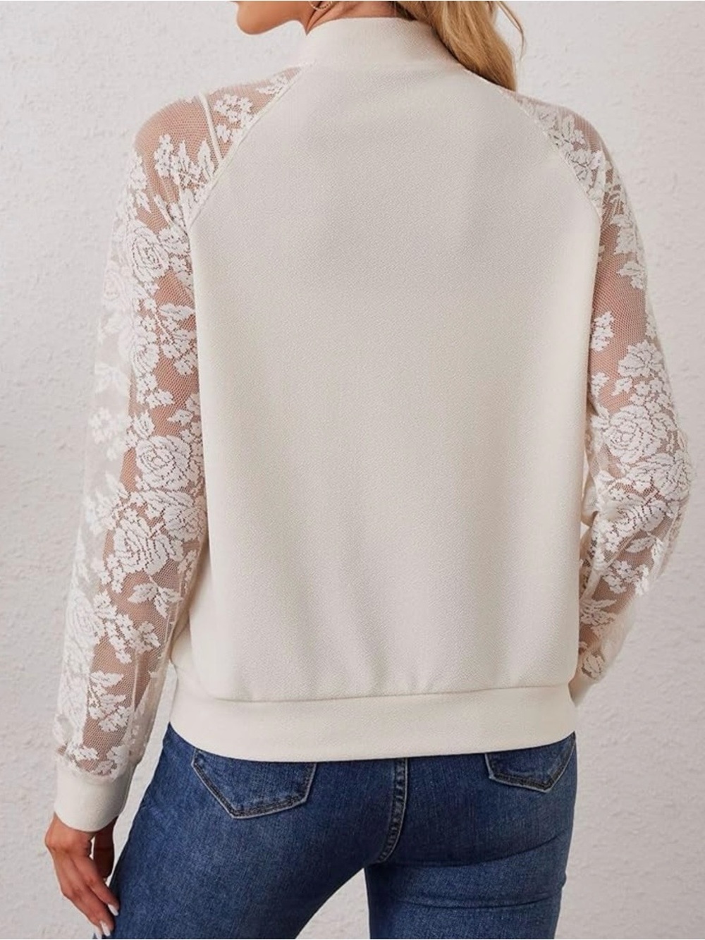 Lace-Sleeve Cream Bomber Jacket by - Picture 5 of 7